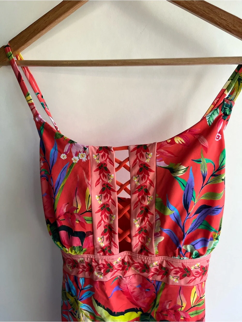 Lands’ End Swimsuit Sz 16 Removable Pads One Piece Orange Hawaiian Floral EUC